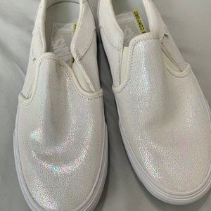 Women'sVans White Sparkly/Shiny Textured Slip Ons.  Ortholite Soles.  Size  8.